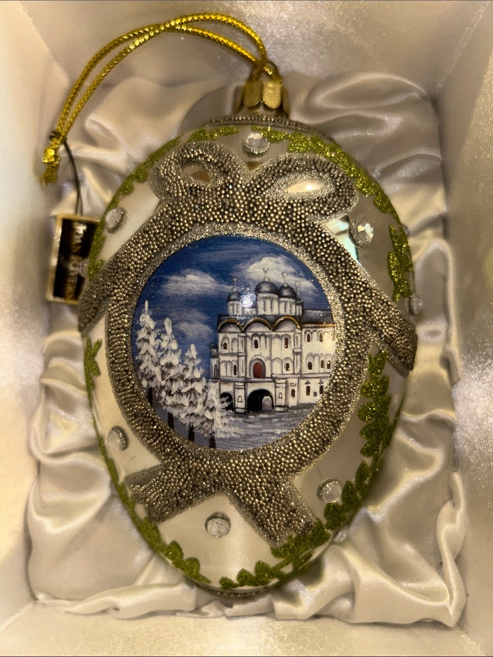 Joan Rivers White & Blue Hand-Painted Winter Cathedral Ornament